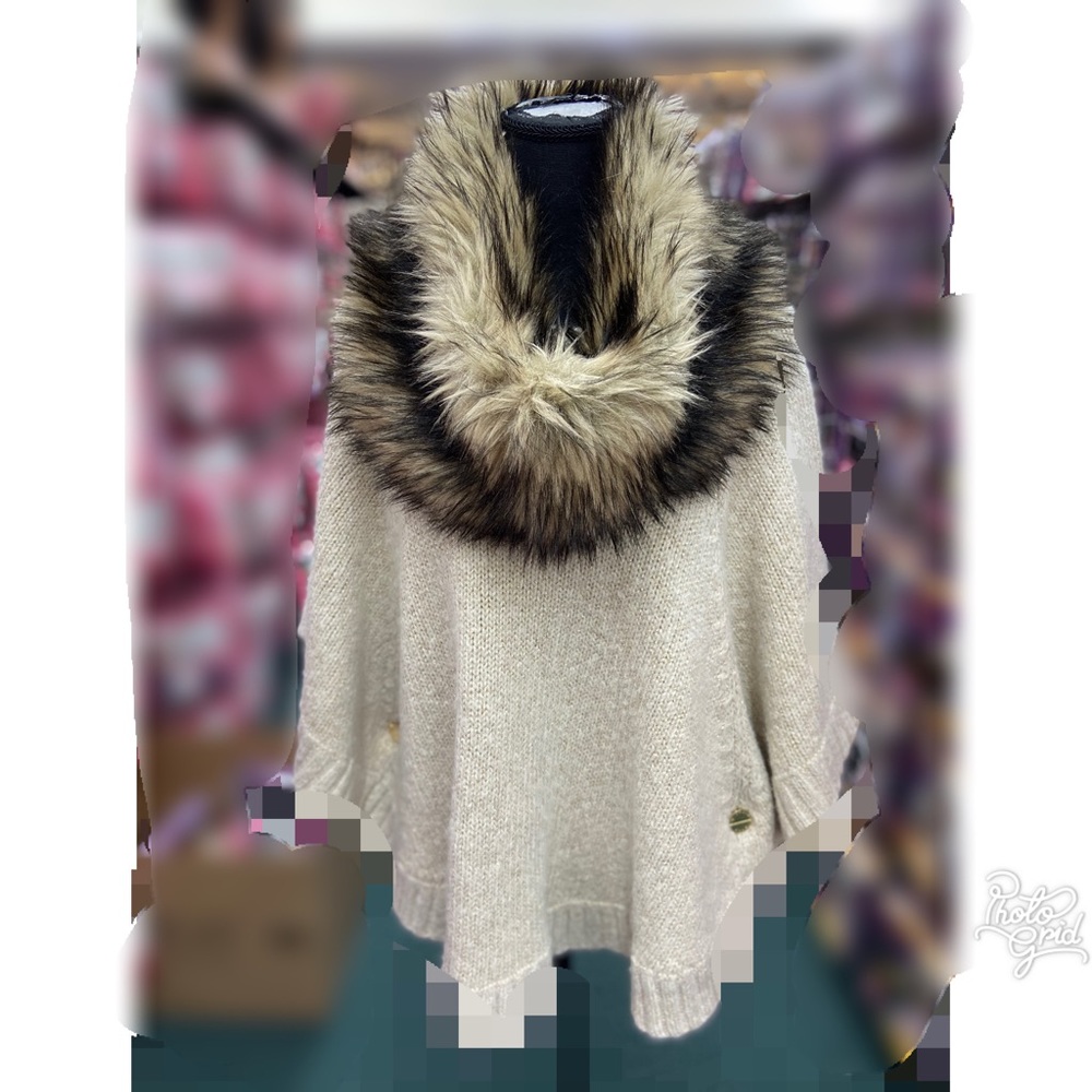 Pancho style sweater with faux fur